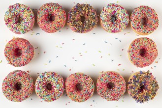Donut frame with colorful sprinkles on white background