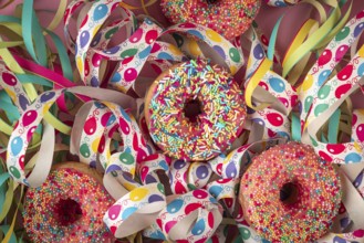 Colourful donuts nestled in colorful streamers that create a festive atmosphere, carnival