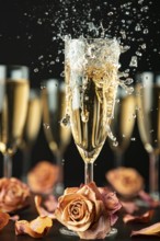 Sparkling wine made of glass surrounded by other glasses and rose petals on a black background