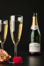 Two glasses on a black background with roses and a red heart