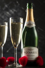 Champagne bottle and filled glasses with red heart decorations, on dark background