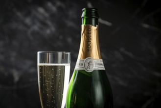 A champagne bottle and a filled champagne glass against a dark background