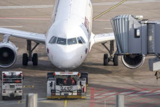 Eurowings Airbus is pushed from the gate onto the taxiway, ready to go, to Cologne/Bonn Airport,