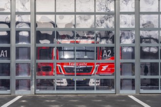 Fire department, fire station, modern guard, silver façade, glass gates, emergency vehicle, fire