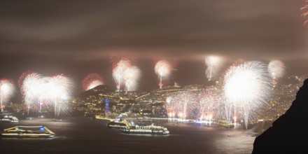 New Year's Eve fireworks, dusk, Atlantic Ocean, harbour with cruise ships, Funchal, Madeira,