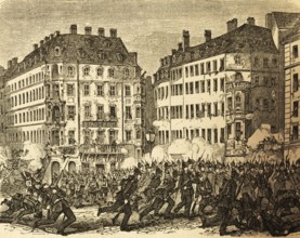 Suppression of the uprising in Dresden in 1849, history, street scene, 19th century, womb-infantry