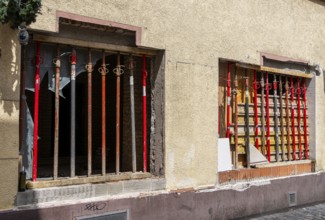 Scaffolding and components on a house in the old town of Sachsenhausen, Frankfurt am Main, Hesse,