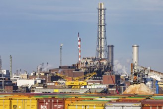 BASF factory site with chemical plants and chimneys. Baden aniline and soda factories. Chemical