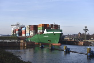 Container ship ELBINSEL leaves Kiel-Holtenau lock and sails to Kiel Fjord, Schleswig-Holstein,