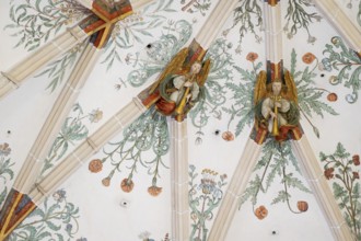 Trombone angel, vaulted ceiling with plant frescoes, choir room, Blaubeuren Abbey, Swabian Jura,