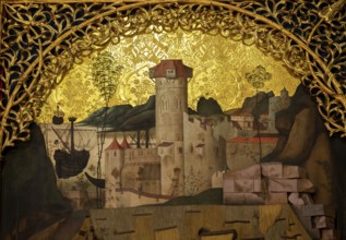 Medieval castle in front of fictional landscape with gold background, chancel with movable pair of