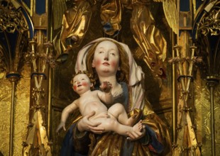 Mother of God on the crescent moon with baby Jesus, high altar, shrine and predella, chancel with