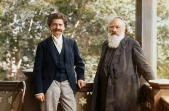 Johann Baptist Strauss II together with Johannes Brahms, 1894, by R._Krziwanek, digitally edited