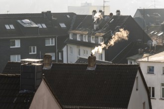 Smoke plume from a chimney over densely built residential area in the evening light, wintry city