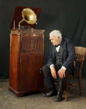 Thomas Alva Edison listening to his disc phonograph, digitally edited