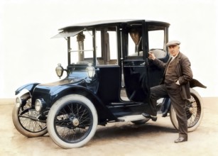 Thomas Alva Edison, 1847 - 1931, American inventor, with Detroit Electric automobile, 1913,