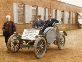 Thomas Edison with his Electric automobile 1910, together with Captain W. Langdon, Bailey Co. test