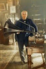 Thomas Alva Edison with his cylinder phonograph, digitally edited according to a photography by Geo