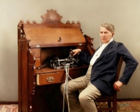 Thomas Alva Edison with his cylinder phonograph, digitally edited