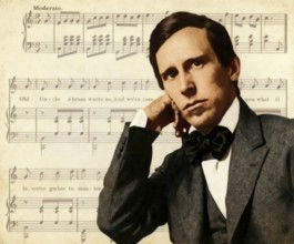 Portrait of Stephen Collins Foster with the sheet music of his minstrel song A soldier in the