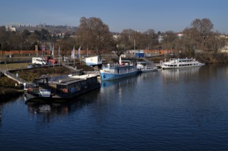 Boats, ships anchor at Wilhelma am Neckar pier, Neckar-Käptn, passenger shipping, Stuttgart,