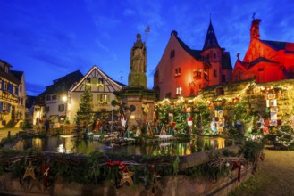 Houses illuminated and decorated for Christmas, Christmas market, blue hour, Eguisheim, Haut-Rhin