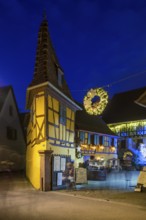 Houses illuminated and decorated for Christmas, Christmas market, blue hour, Eguisheim, Haut-Rhin