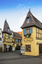 Christmassy decorated houses and alley with half-timbered houses, Christmas market, Eguisheim,