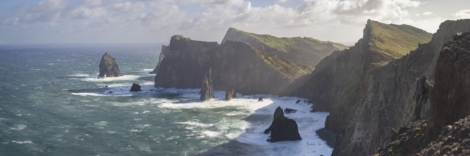 Long exposure of rock formations in the Atlantic Ocean, volcanic peninsula, Ponta de São Lourenço,