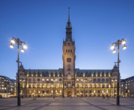 Hamburg City Hall with illuminated façade at the blue hour, Hamburg, Germany