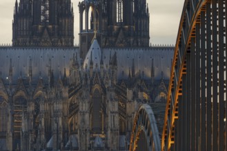 Evening atmosphere, Cologne Cathedral illuminated with LED lamps and the Hohenzollern Bridge,