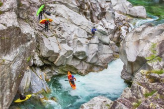 Group of tourists canyoning with canoes, jumping from the rocks of the Verzasca River in summer,