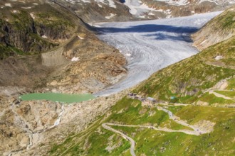 View of the Rhone Glacier, Belvédère Hotel, and Furka Pass on a summer day, highlighting climate