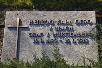 Tombstone, Duke Karl Gero von Urach, Count of Württemberg 1899 to 1981, cross, letter, grave,