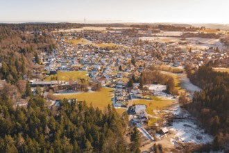 View of a small town in winter with snow-covered forests and fields, Hallwangen, Freudenstadt