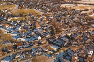 Close-up of a village in winter, with dense houses and snow-covered roads, Hallwangen, Freudenstadt