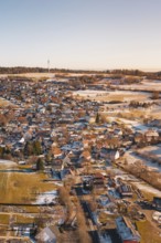 Winter village view with snow-covered roads and surrounding fields, Hallwangen, Freudenstadt