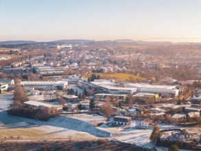 Cityscape in winter with various architectures and hills in the background, Dornstetten,