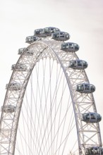 Close-up of a Ferris wheel with glass and metal cabins, London Eye, London, United Kingdom
