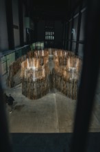 Wooden maze in a dark, modern setting, Tate Modern of Art, Lodon, United Kingdom