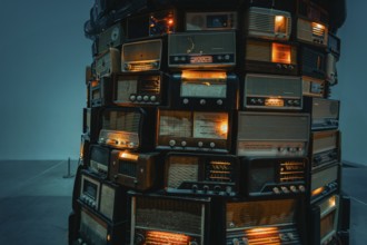 Side view of vintage radios, illuminated and artfully arranged, Tate Modern of Art, Lodon, United
