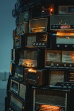 Close-up of stacked vintage radios with lighting effects, Tate Modern of Art, Lodon, United Kingdom
