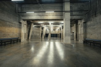 Empty industrial hall with concrete walls and light strips, Tate Modern of Art, Lodon, United