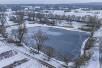 Small lake in snowy landscape with village background and bare trees, Empfingen, Freudenstadt