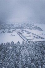 Snowy village on the edge of a forest under cloudy sky, Hörschweiler, Freudenstadt district,