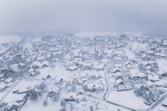 Landscape of a quiet, snowy village in winter silence, Schopfloch, Freudenstadt district, Germany