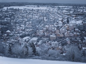 Wintery city view with snow-covered half-timbered houses and surrounding trees, Altensteig, Calw