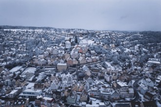 Panoramic view of a snowy town with densely packed houses and trees, Altensteig, Calw district,