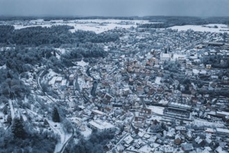 Snowy city seen from the air with numerous houses and snow-covered roofs, surrounded by forests and