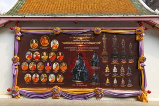 Panel with hierarchies of monks and Buddhas on the road to the Wat Arun Buddhist temple, Bangkok,
